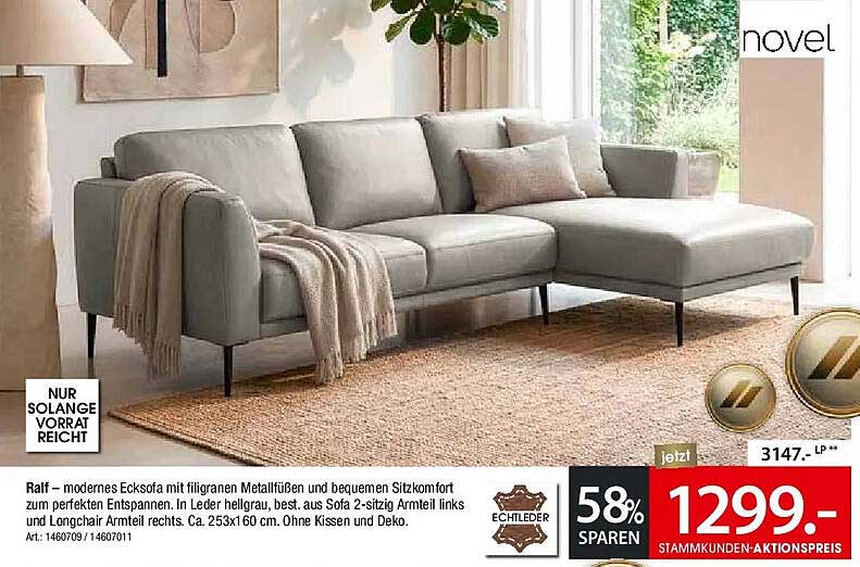 Ralf – modernes Ecksofa mit filigranen Metallfüßen und bequemem Sitzkomfort