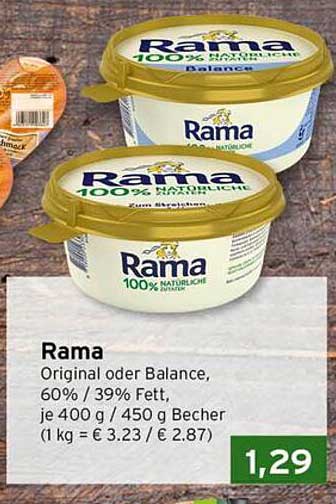 Rama Original oder Balance, 60% / 39% Fett, je 400 g / 450 g Becher (1 kg = € 3.23 / € 2.87)