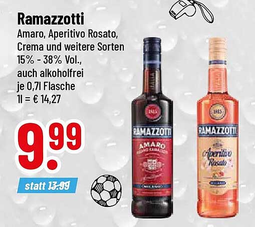 Ramazotti Amaro, Aperitivo Rosato, Crema und weitere Sorten 15% - 38% Vol. auch alkoholfrei je 0,7 l Flasche