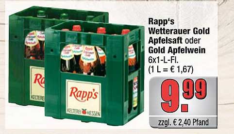Rapp's Wetterauer Gold Apfelsaft oder Gold Apfelwein 6x1-L-Fl. (1 L = € 1,67)