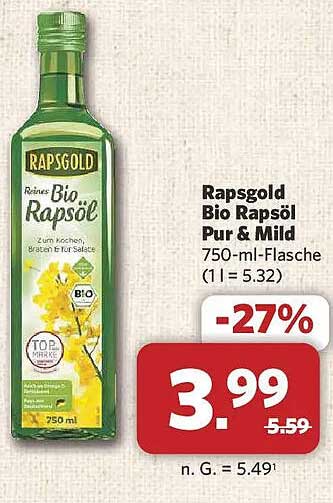Rapsgold Bio Rapsöl Pur & Mild 750-ml-Flasche (1 l = 5.32)