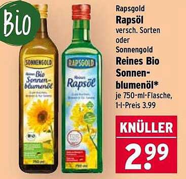 Rapsgold Rapsöl versch. Sorten oder Sonnengold Reines Bio Sonnenblumenöl* je 750-ml-Flasche, 1-l-Preis 3.99