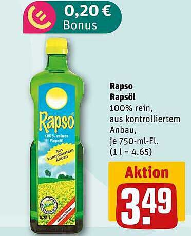 Rapso Rapsöl 100% rein, aus kontrolliertem Anbau, je 750-ml-Fl.