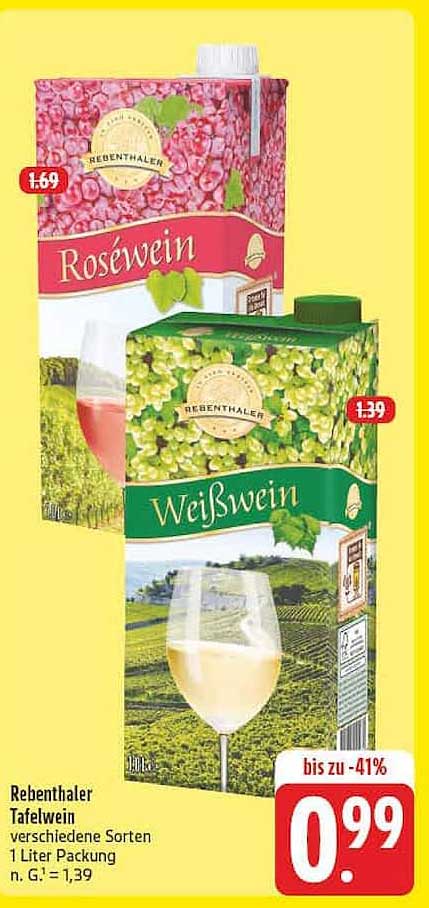 Rebenthaler Tafelwein verschiedene Sorten 1 Liter Packung n. G.1 = 1,39