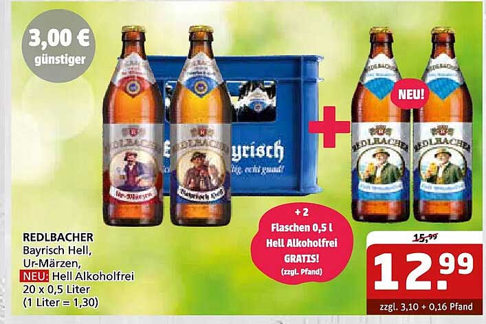REDLBACHER Bayrisch Hell, Ur-Märzen, NEU! Hell Alkoholfrei 20 x 0,5 Liter (1 Liter = 1,30)