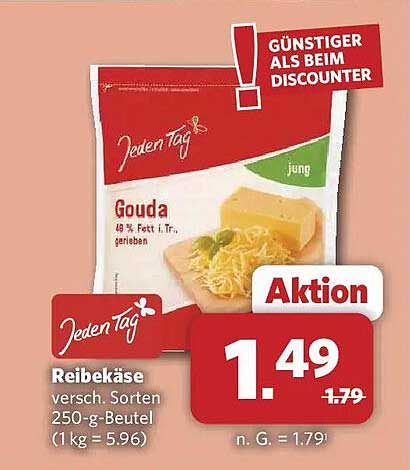 Reibekäse versch. Sorten 250-g-Beutel (1 kg = 5.96)