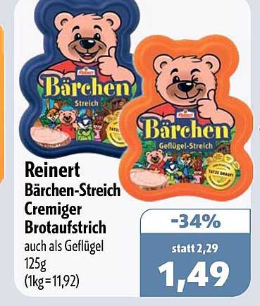 Reinert Bärchen-Streich Cremiger Brotaufstrich auch als Geflügel 125g (1kg=11,92)