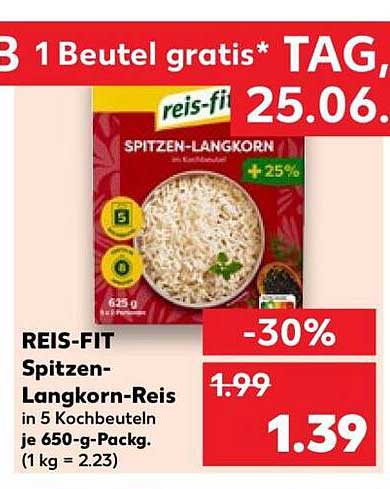 REIS-FIT Spitzen-Langkorn-Reis in 5 Kochbeuteln je 650-g-Pack. (1 kg = 2.23)