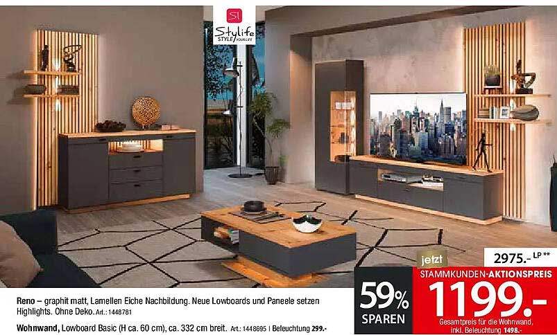Reno – graphit matt, Lamellen Eiche Nachbildung. Neue Lowboards und Paneele setzen Highlights. Ohne Deko. Art.: 1448781