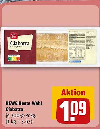 REWE Beste Wahl Ciabatta je 300-g-Packg. (1 kg = 3.63)