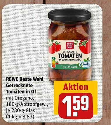 REWE Beste Wahl Getrocknete Tomaten in Öl mit Oregano, 180-g-Abtropfgew., je 280-g-Glas (1 kg = 8.83)