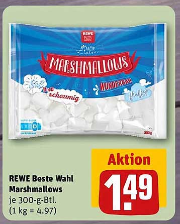 REWE Beste Wahl Marshmallows je 300-g-Btl. (1 kg = 4.97)