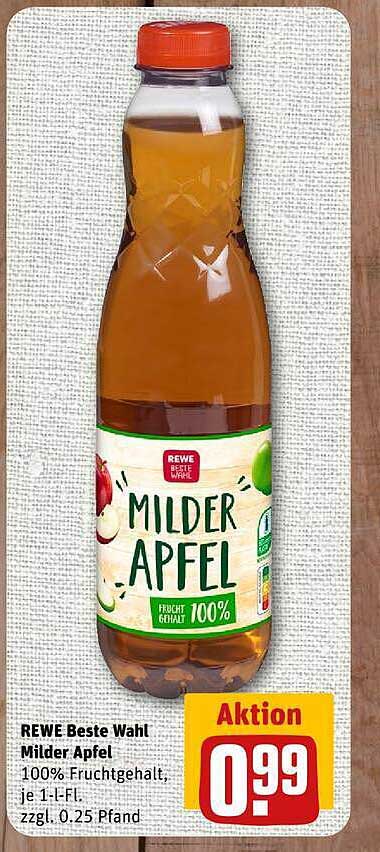 REWE Beste Wahl Milder Apfel 100% Fruchtgehalt, je 1-L-Fl. zzgl. 0.25 Pfand