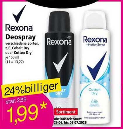 Rexona Deospray verschiedene Sorten, z.B. Cobalt Dry oder Cotton Dry je 150 ml