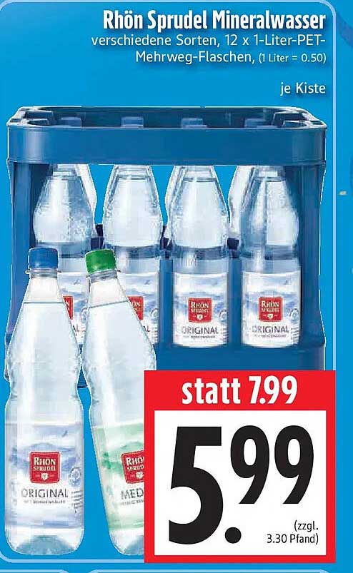 Rhön Sprudel Mineralwasser verschiedene Sorten, 12 x 1-Liter-PET-Mehrweg-Flaschen, (1 Liter = 0.50) je Kiste