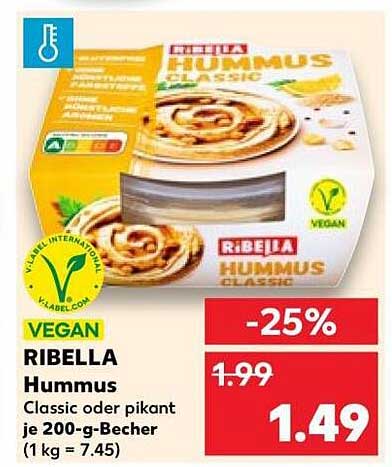 RIBELLA Hummus Classic oder pikant je 200-g-Becher (1 kg = 7,45)