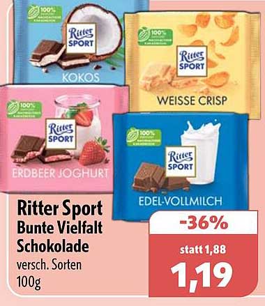 Ritter Sport Bunte Vielfalt Schokolade versch. Sorten 100g