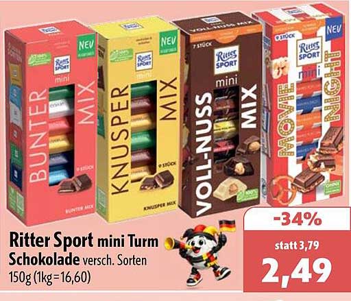 Ritter Sport mini Turn Schokolade versch. Sorten 150g (1kg=16,60)