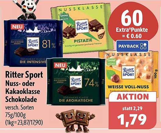 Ritter Sport Nuss- oder Kakaoklasse Schokolade versch. Sorten 75g/100g (1kg=23,87/17,90)