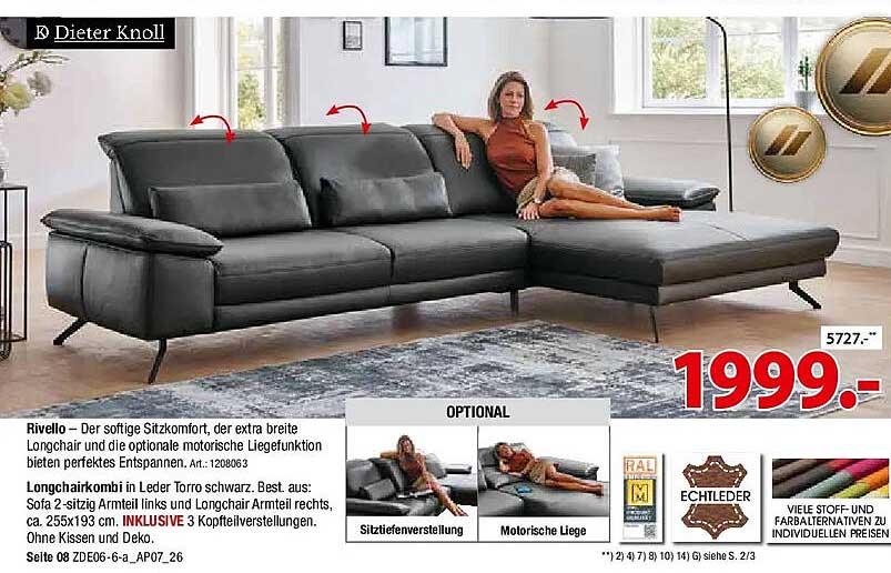 Rivello – Der softige Sitzkomfort, der extra breite Longchair und die optionale motorische Liegefunktion bieten perfektes Entspannen.