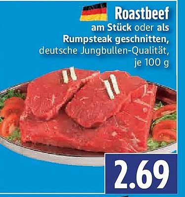 Roastbeef am Stück oder als Rumpsteak geschnitten, deutsche Jungbullen-Qualität, je 100 g