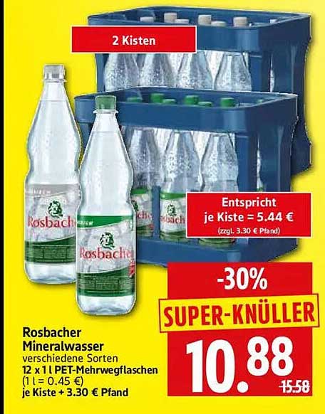 Rosbacher Mineralwasser verschiedene Sorten 12 x 1 l PET-Mehrwegflaschen (1 l = 0.45 €) je Kiste + 3.30 € Pfand