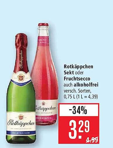 Rotkäppchen Sekt oder Fruchtsecco auch alkoholfrei versch. Sorten, 0,75 L (1 L = 4,39)
