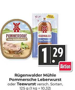 Rügenwalder Mühle Pommersche Leberwurst oder Teewurst Sorten, 125 g (1 kg = 10,32)