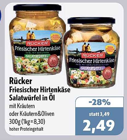 Rüker Friesischer Hirtenkäse Salatwürfeln in Öl mit Kräutern oder Kräutern&Oliven 300g (1kg = 8,30) hoher Proteingehalt