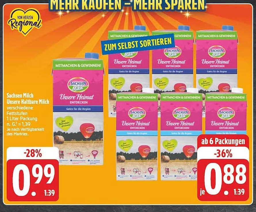 Sachsen Milch Unsere Heimat Milch verschiedene Fettstufen 1 Liter Packung