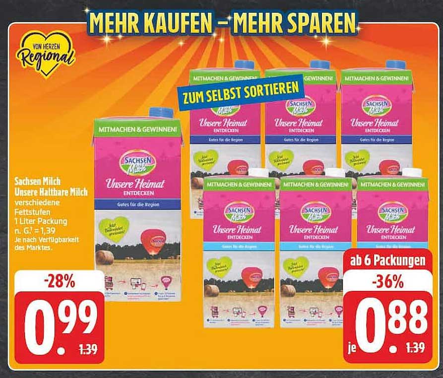 Sachsen Milch Unsere Heimat unterschiedliche Fettstufen 1 Liter Packung