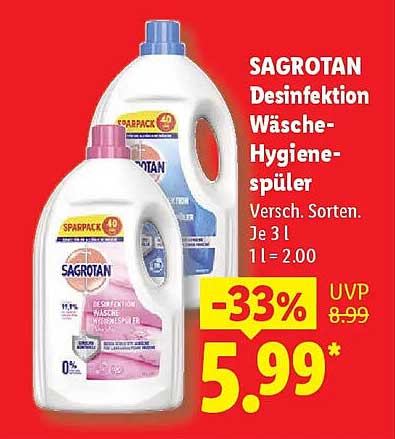 SAGROTAN Desinfektion Wäsche-Hygiene-spüler Versch. Sorten. Je 3 l 1 l = 2.00