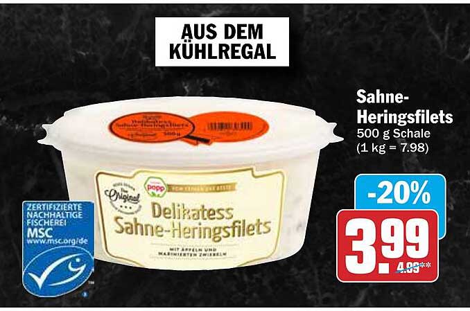 Sahne-Heringsfilets 500 g Schale (1 kg = 7.98)