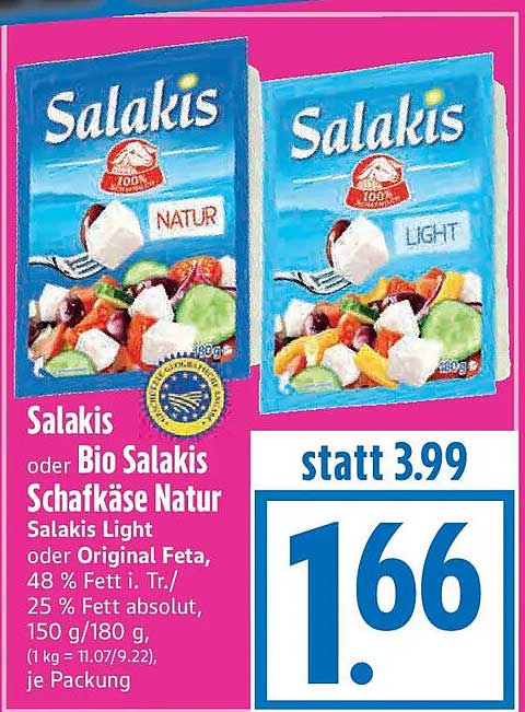 Salakis oder Bio Salakis Schafkäse Natur Salakis Light oder Original Feta, 48 % Fett i. Tr./ 25 % Fett absolut, 150 g/180 g, je Packung