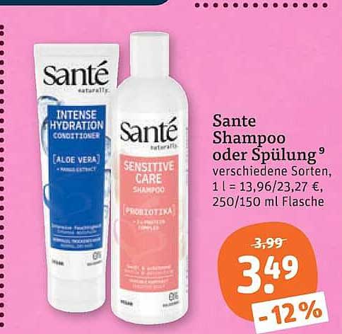 Sante Shampoo oder Spülung⁹ verschiedene Sorten, 1 l = 13,96/23,27 €, 250/150 ml Flasche