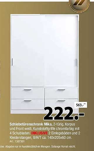 Schiebetürenschrank Mika, 2-türig, Korpus und Front weiß, kunststoffgrau mit 4 Schubladen. Inklusive 2 Einlegeböden und 2 Kleiderstangen, B/H/T ca. 140x205x60 cm.