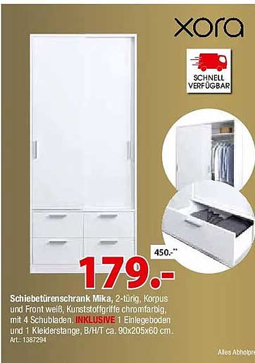Schiebetürenschrank Mika, 2-türig, Korpus und Front weiß, Kunststoffgriff chromfarbig, mit 4 Schubladen. INKLUSIVE 1 Einlegeboden und 1 Kleiderstange. B/H/T ca. 90x205x60 cm.