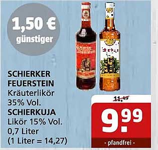 SCHIERKER FEUERSTEIN Kräuterlikör 35% Vol. SCHIERKUJA Likör 15% Vol. 0,7 Liter (1 Liter = 14,27)