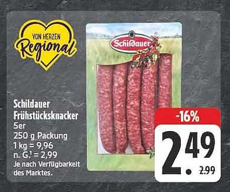 Schildauer Frühstücksknacker 5er 250 g Packung 1 kg = 9,96 n. G. = 2,99