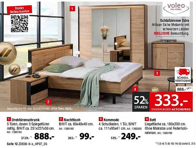 Schlafzimmer Edra Artisan Eiche Melamin mit schwarzen Leisten INKLUSIVE Beleuchtung.