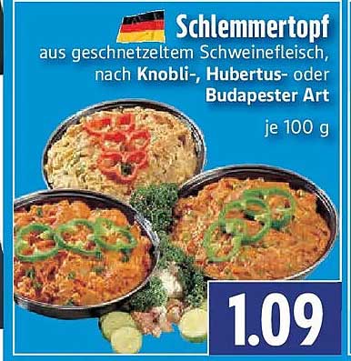 Schlemmertopf aus geschnetzeltem Schweinefleisch, nach Knobi-, Hubertus- oder Budapester Art