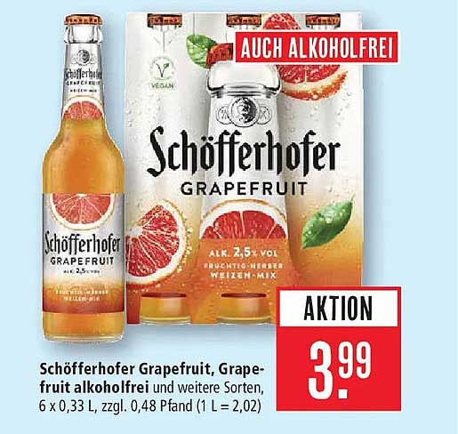Schöfferhofer Grapefruit, Grapefruit alkoholfrei und weitere Sorten, 6 x 0,33 L, zzgl. 0,48 Pfand (1 L = 2,02)