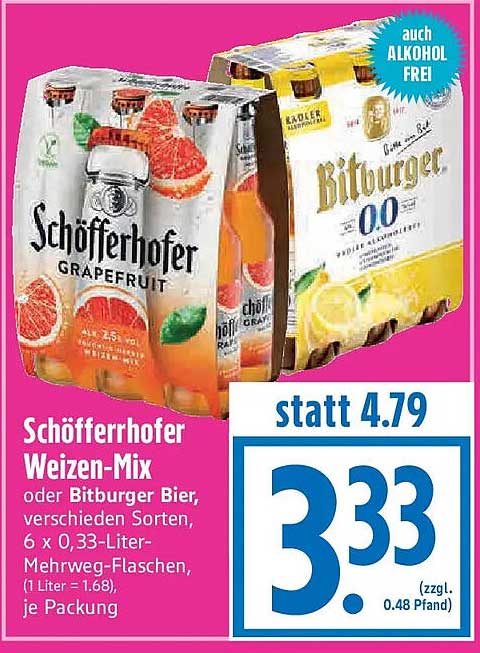 Schöfferhofer Weizen-Mix oder Bitburger Bier, verschieden Sorten, 6 x 0,33-Liter-Mehrweg-Flaschen, je Packung