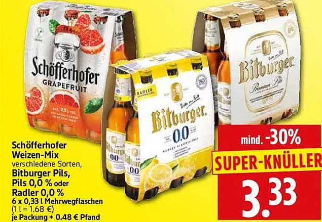 Schöfferhofer Weizen-Mix verschiedene Sorten, Bitburger Pils, Pils 0,0 % oder Radler 0,0 % 6 x 0,33 l Mehrwegflaschen