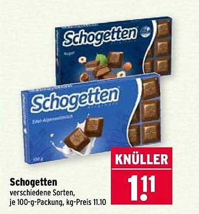 Schogetten verschiedene Sorten, je 100-g-Packung, kg-Preis 11.10