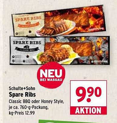 Schulte+Sohn Spare Ribs Classic BBQ oder Honey Style, je ca. 760-g-Packung, kg-Preis 12.99