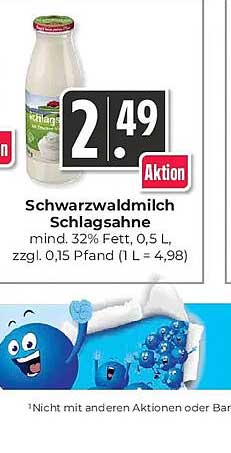 Schwarzwaldmilch Schlagsahne mind. 32% Fett, 0,5 L, zzgl. 0,15 Pfand (1 L = 4,98)