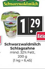 Schwarzwaldmilch Schlagsahne mind. 32% Fett, 200 g (1 kg = 6,45)