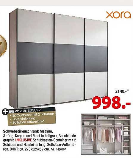 Schwebetürenschrank Metrino, 3-türig. Korpus und Front in hellgrau, Bauchbinde graphit. INKLUSIVE Schubkasten-Container mit 2 Schüben, Schiebetüren und Hotelteilung, Softclose-Außentüren.