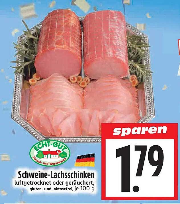 Schweine-Lachsschinken luftgetrocknet oder geräuchert, gluten- und laktosefrei, je 100 g